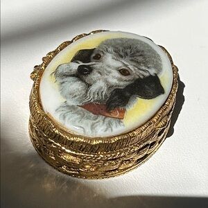 Rare Mid-20th Century Gold Porcelain Dog Trinket Box